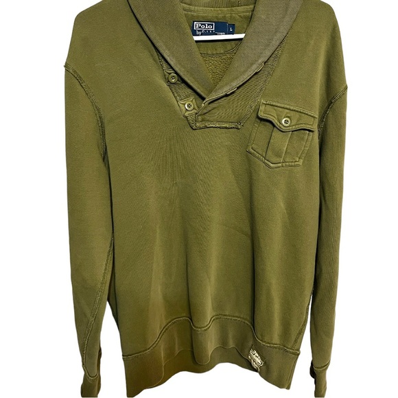 Polo Ralph Lauren Other - Vintage 90s POLO RALPH LAUREN SHAWL PREPPY SWEATER OLIVE GREEN MILITARY ARMY L